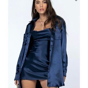 Princess Polly Annalise Oversized Satin Button down Top Size 4 Navy Blue Y2K